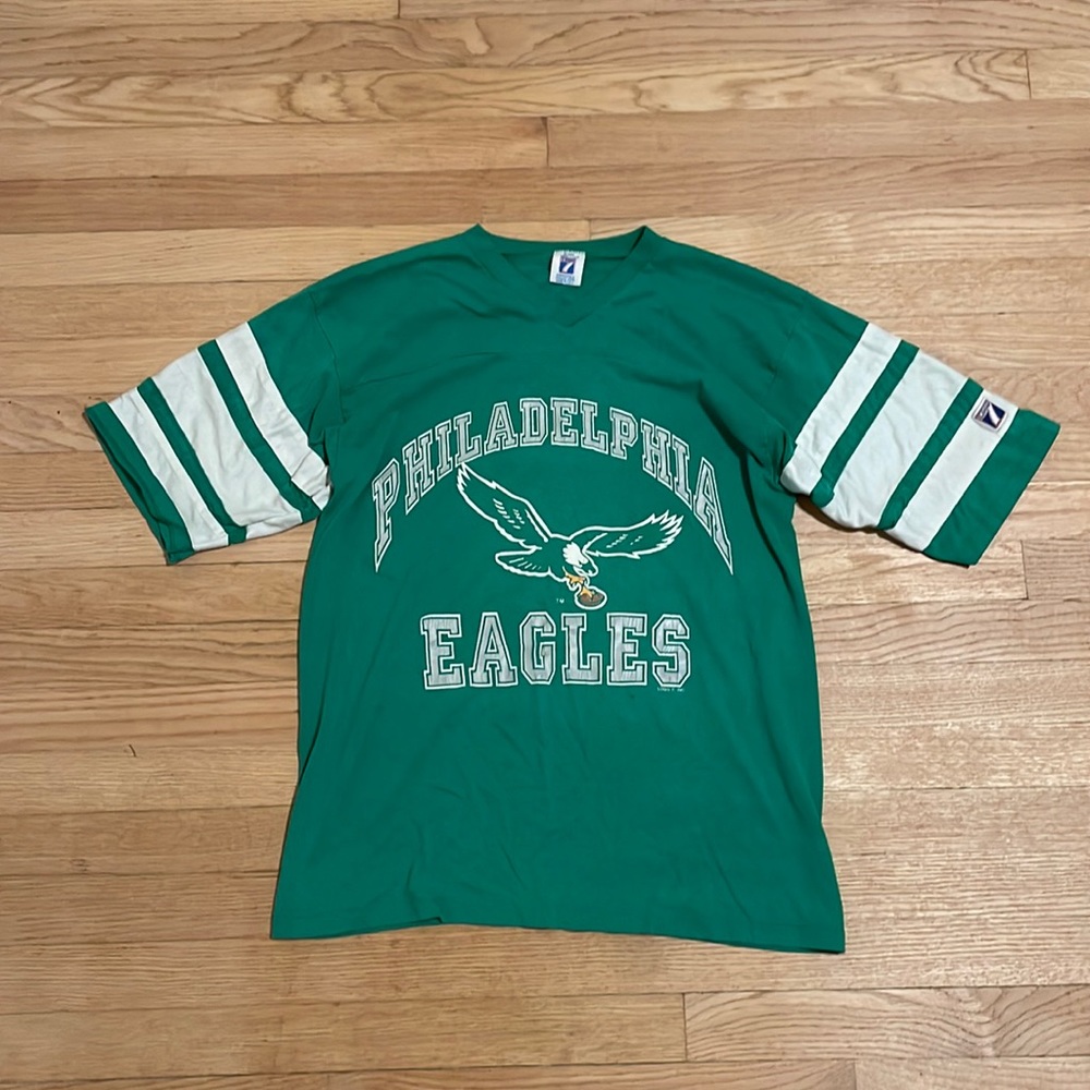 Vtg 90’s Philadelphia Eagles Shirt Logo 7 Sz L NFL USA Green White Striped
